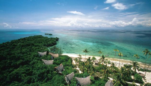 Aerial view of the 7 private bungalows on Chumbe Island